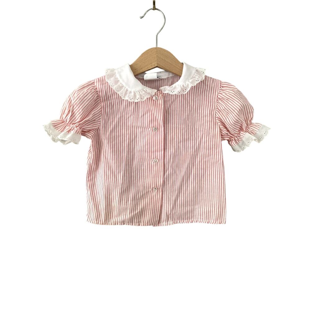 Vintage Good Lad Striped Eyelet Trim Peter Pan CollarPuff Sleeve Top 24M